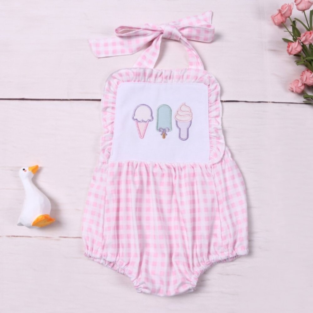 Boutique Baby Girls Ice Cream Pink Plaid Ruffle Romper Jumpsuit